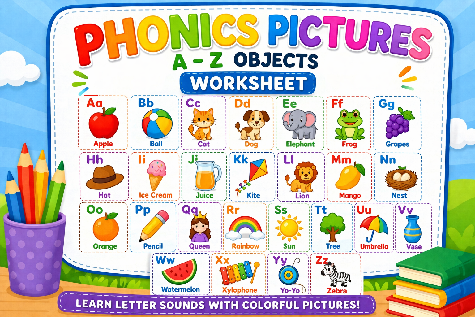 Simple phonics words (A = Apple, etc.) Worksheet