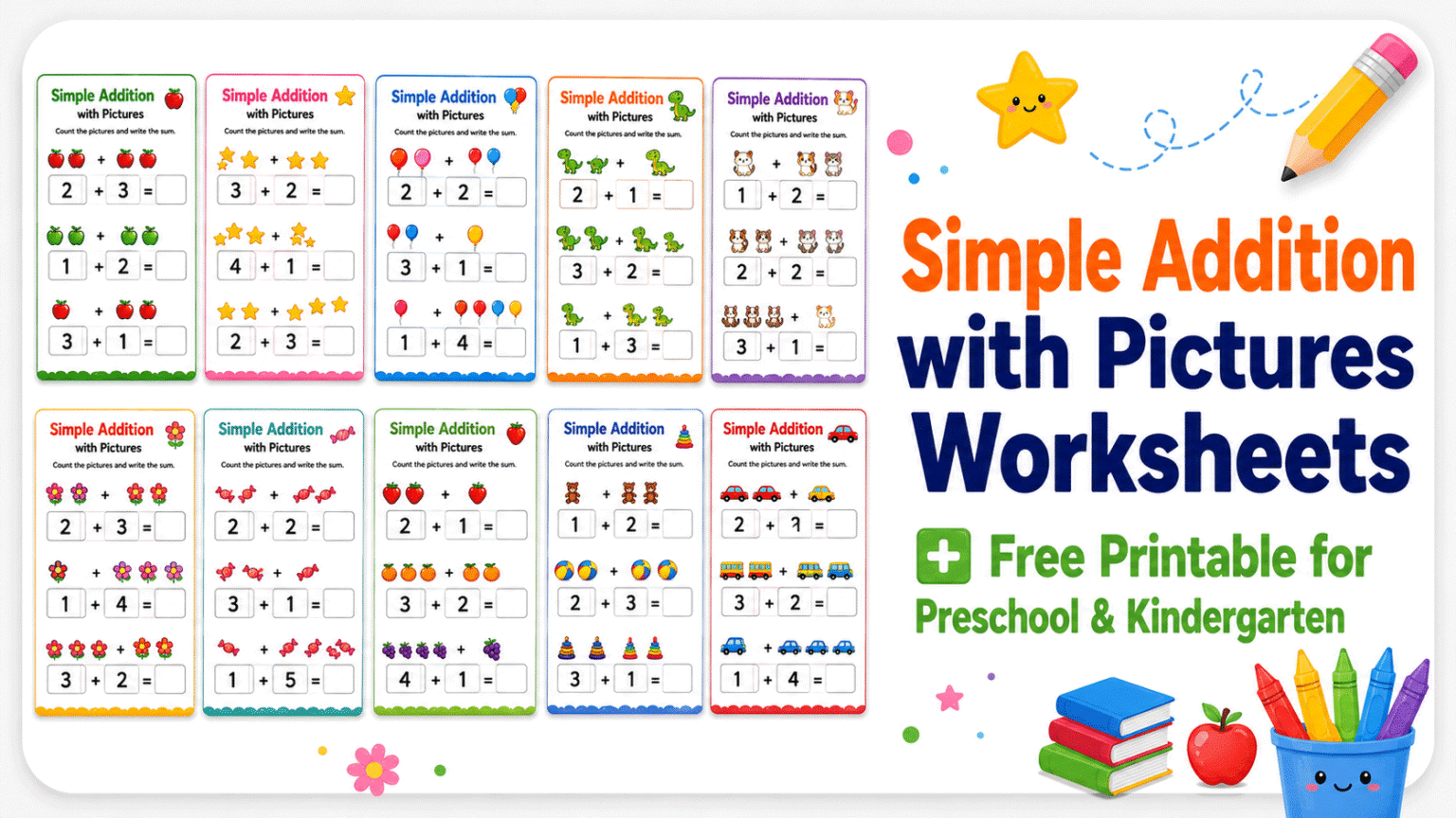 Simple Addition with Pictures Worksheets for Preschool and Kindergarten