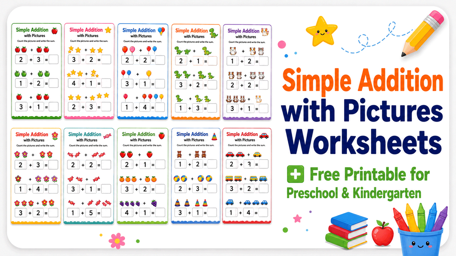 Simple Addition with Pictures Worksheets for Preschool and Kindergarten